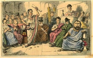 Cícero denuncia Catilina Por John Leech, 1850, na: The Comic History of Rome, de Gilbert Abbott A Beckett