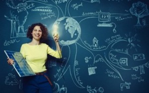 professora segurando um painel solar e acendendo a luz – Image by © Ben Hupfer/Corbis 