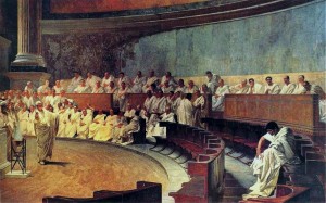 Segregado por seus pares, no Senado, Catilina ouve o duro discurso acusatório de Marcus Tullius Cícero  - então Cônsul de Roma com poderes excepcionais conferidos pelos Senadores romanos (pintura de Cesare Maccari, 1888).