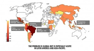 Mapa dos crimes contra ambientalistas, da ONG Global Witness