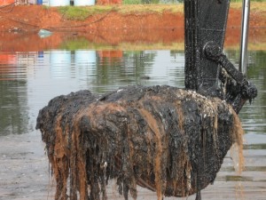 Borra contaminante sendo retirada do lago de sedimentos do aterro - do total de centenas de milhares de toneladas... apenas duas dezenas foram tratadas, em todos esses anos.