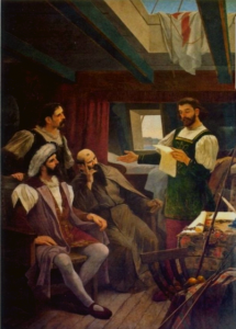 No quadro- Pero Vaz de Caminha lê para o comandante Pedro Álvares Cabral, o Frei Henrique de Coimbra e o mestre João a carta que será enviada ao rei D. Manuel I (pintura de Aurélio de Figueiredo - 1900)