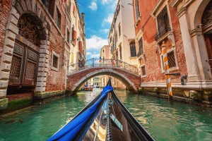 View from gondola during the ride through the canals, Venice