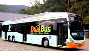 Ônibus Elétrico Híbrido DualBus 15m, um veículo inovador para o transporte público sustentável. - Eletrabus